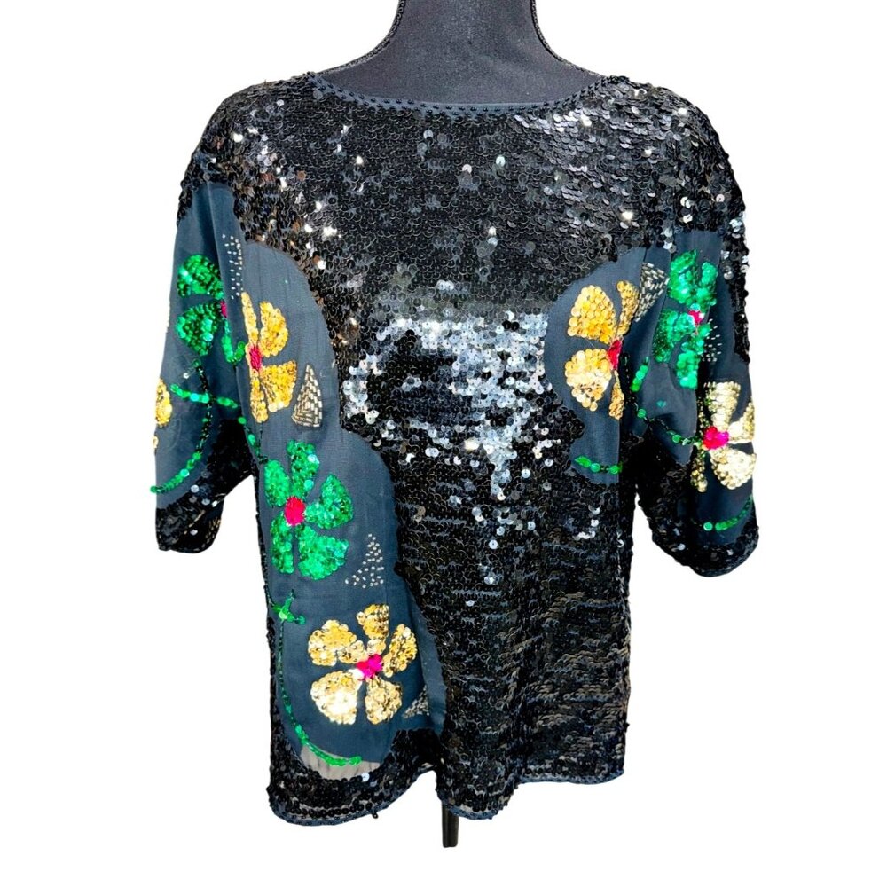 VTG Black Floral Sequin Floral Semi Sheer Blouse Green Gold Womens M Boho Chic